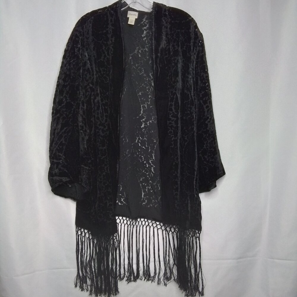 CHICO'S BLACK VELVET BURNOUT FRINGE OPEN CARDIGAN SHAWL WRAP SIZE S/M